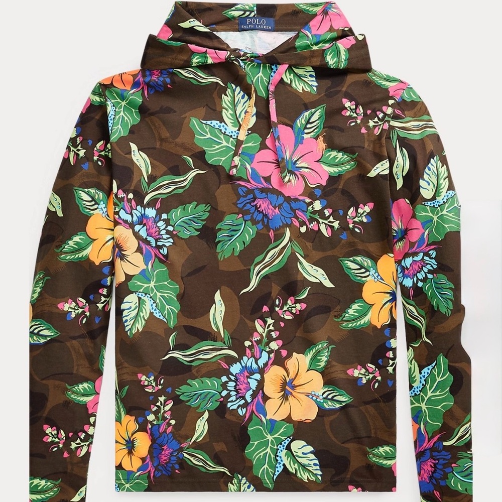 Polo Ralph Lauren Brown Hoodie with Vibrant Floral Print Size Medium - Picture 2 of 7